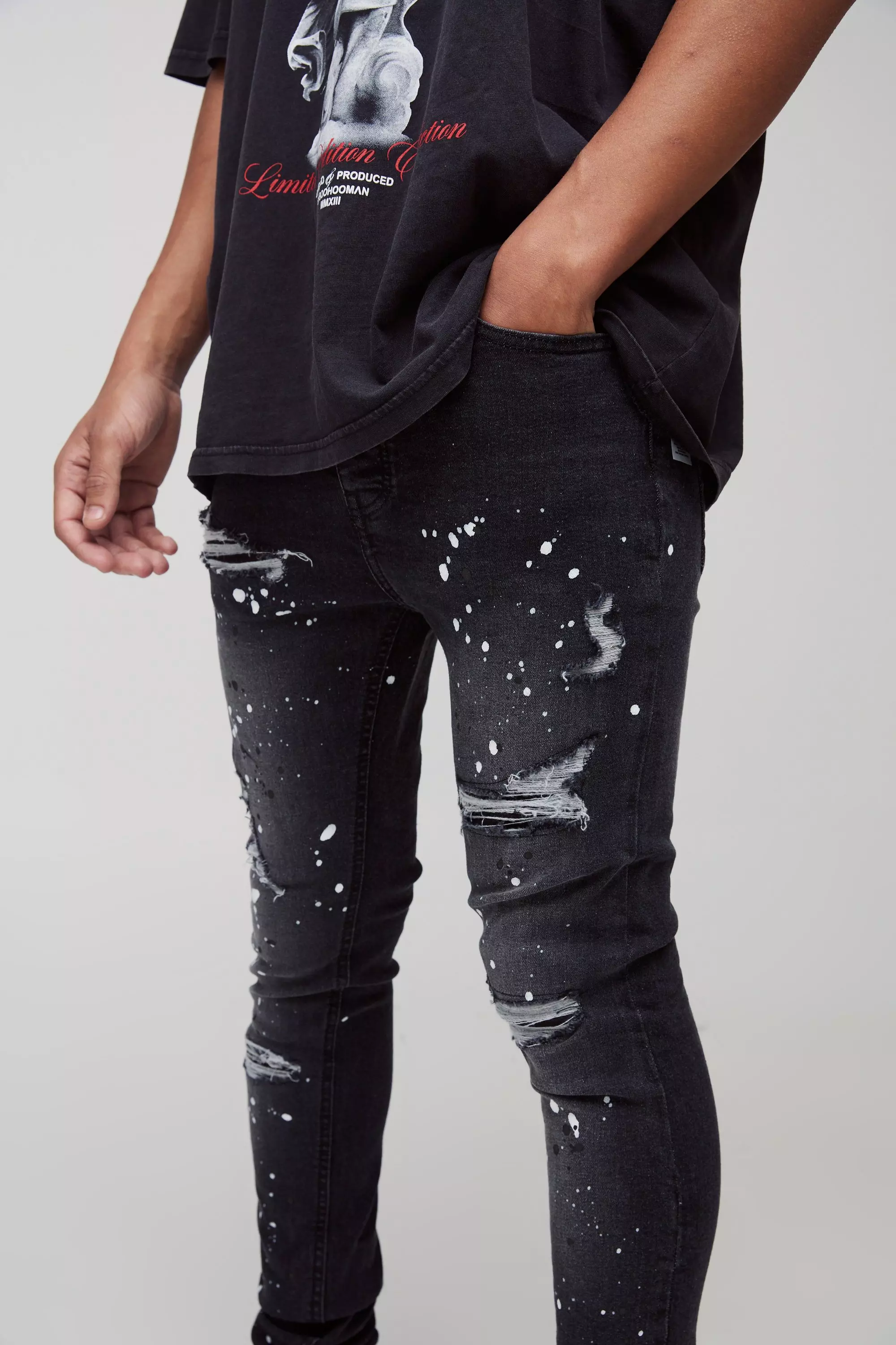 BoohooMAN Mens Super Skinny Rip Repair Paint Splatter Denim Jeans Black